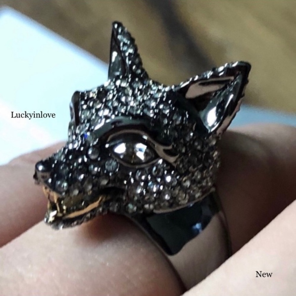 ALEXIS BITTAR• New Georgian Woodland Pavé Crystal Fox Sculpted Gunmetal Ring